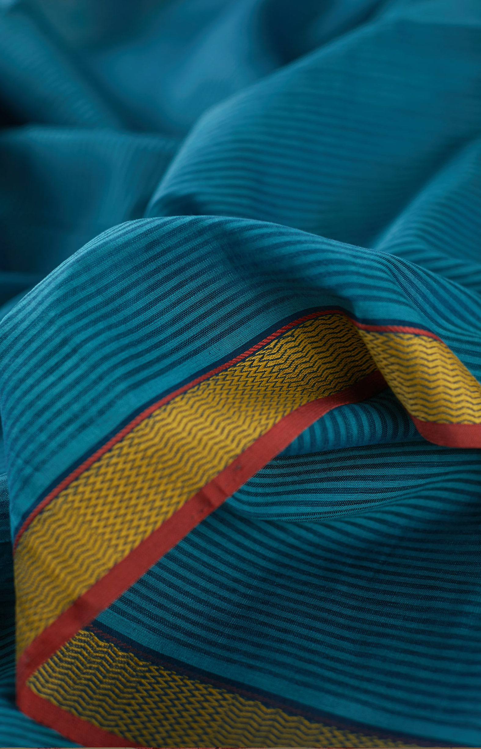 Blue, Handwoven Organic Cotton, Plain Weave , Jacquard, Work Wear, Striped Saree